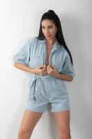 Denim Şortlu Kuşaklı Kot Tulum