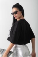 Siyah Oversize Resim Baskılı Crop Tişört