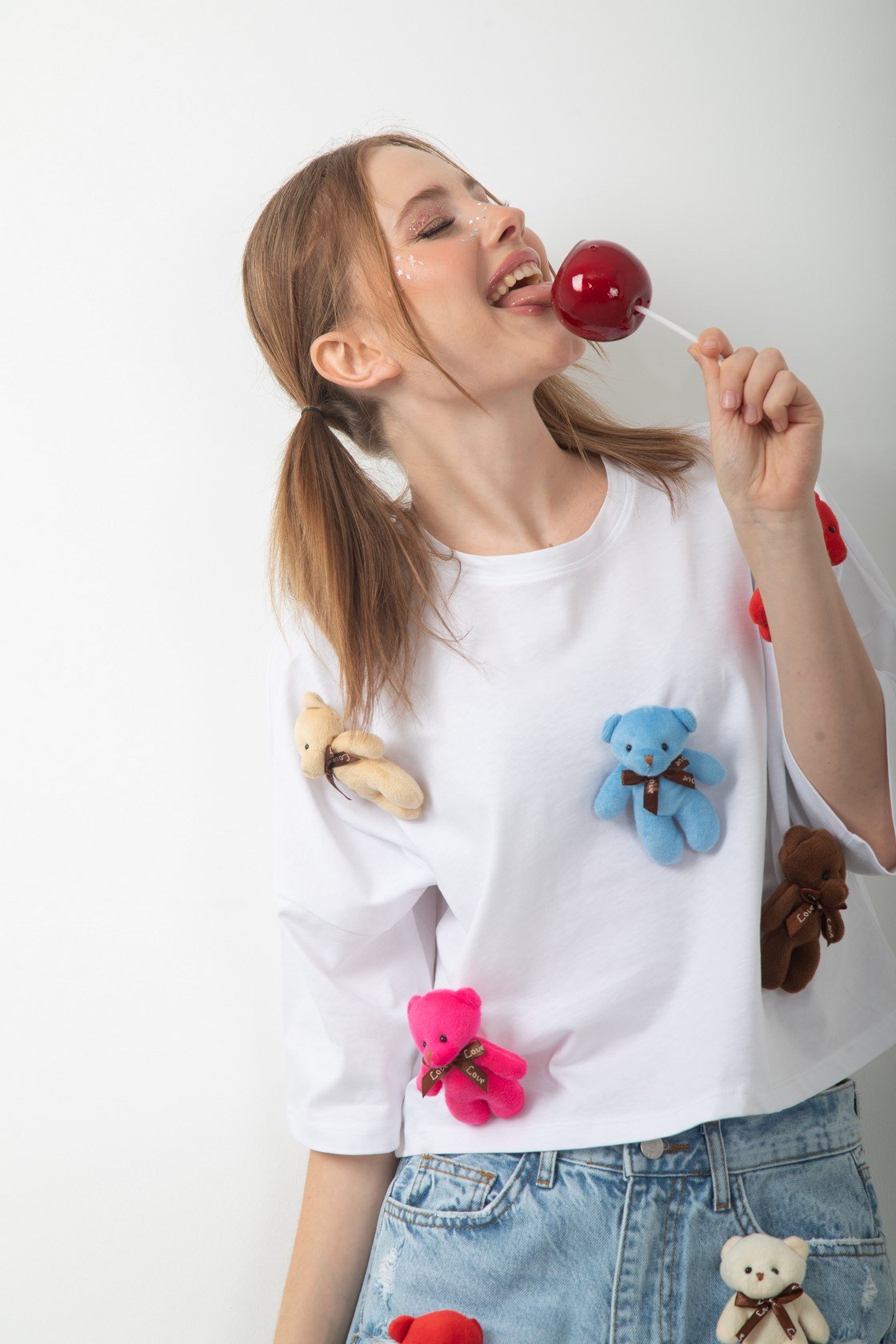 Oyuncak Ayıcık Aksesuarlı Crop Tişört