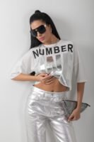 Number One Baskılı Oversize Crop Parlak Tişört