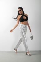 Metalik Gümüş Straight Yüksek Bel Pantolon