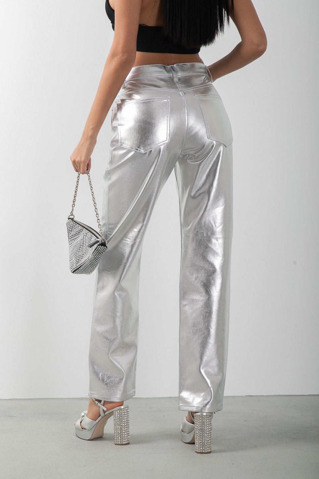 Metalik Gümüş Straight Yüksek Bel Pantolon