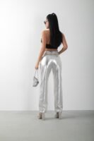 Metalik Gümüş Straight Yüksek Bel Pantolon