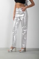 Metalik Gümüş Straight Yüksek Bel Pantolon