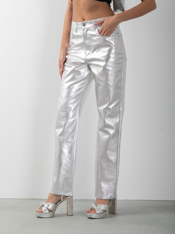 Metalik Gümüş Straight Yüksek Bel Pantolon