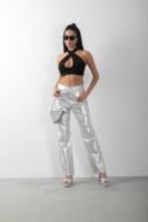 Metalik Gümüş Straight Yüksek Bel Pantolon