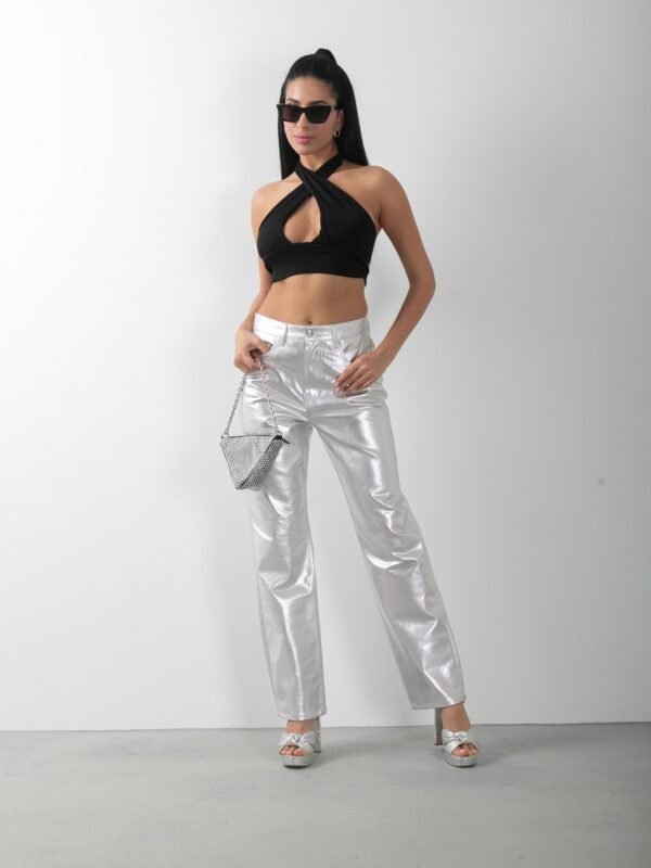 Metalik Gümüş Straight Yüksek Bel Pantolon