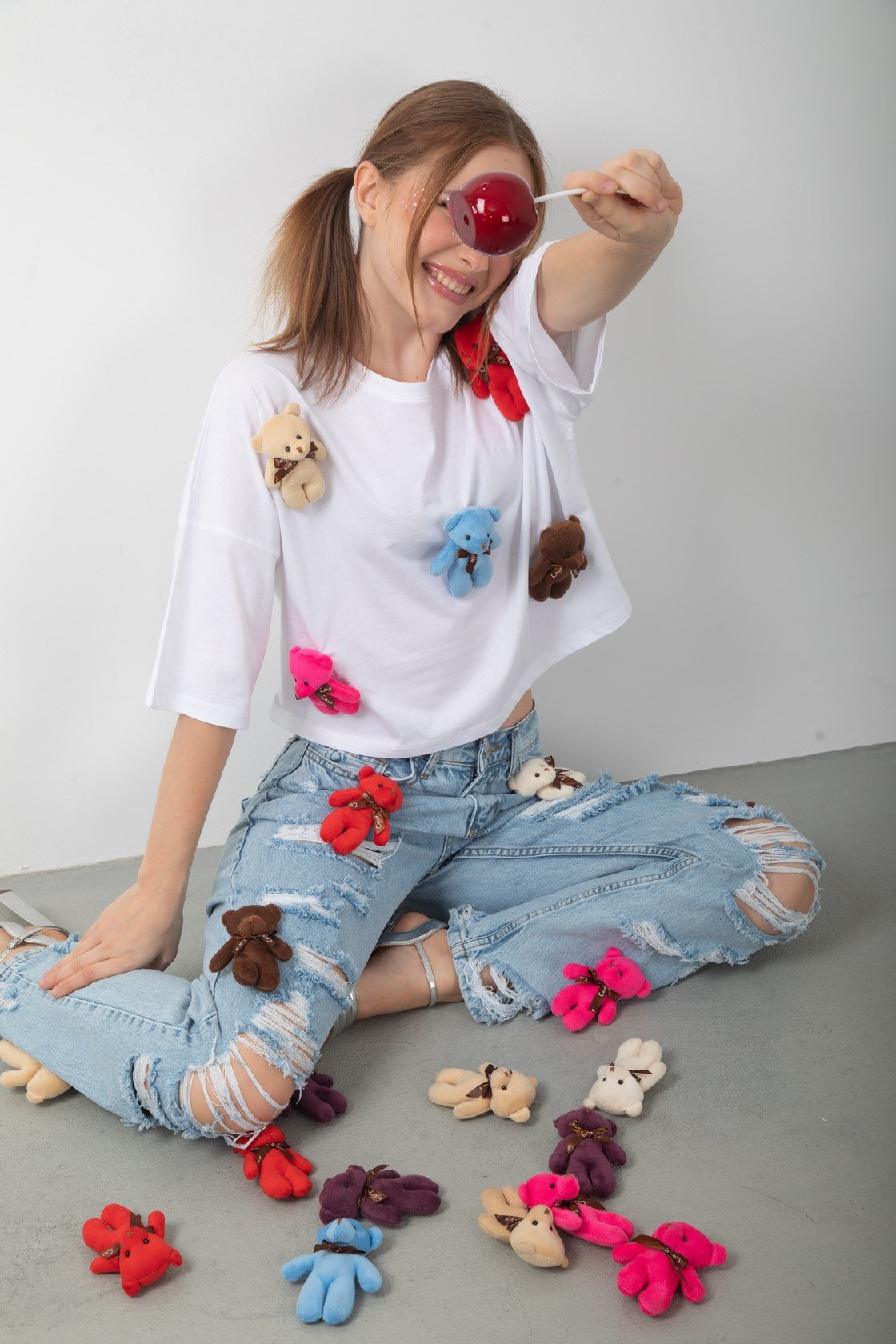 Oyuncak Ayıcık Aksesuarlı Crop Tişört