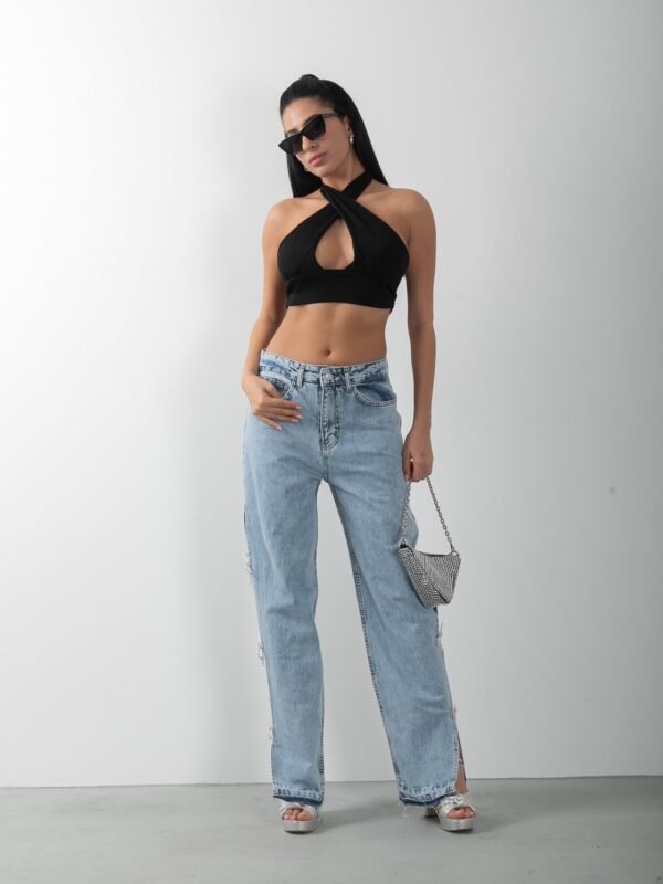 Fiyonk Taş Aksesuarlı Yırtmaçlı Jean Pantolon