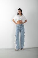 Beyaz Fiyonk Aksesuarlı Yırtmaçlı Jean Pantolon