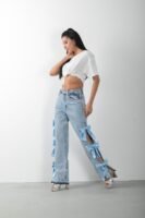 Mavi Fiyonk Aksesuarlı Yırtmaçlı Jean Pantolon