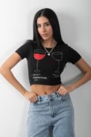 Baskılı Crop Kısa Kol Body