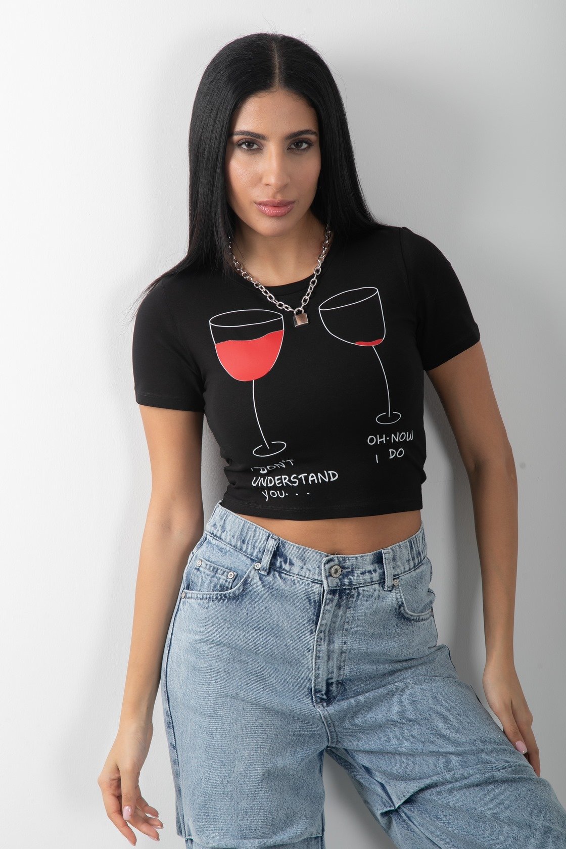 Baskılı Crop Kısa Kol Body