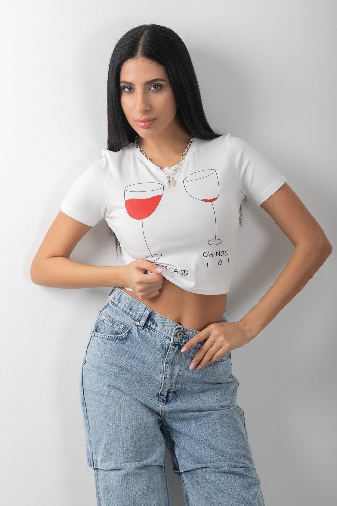 Baskılı Crop Kısa Kol Body