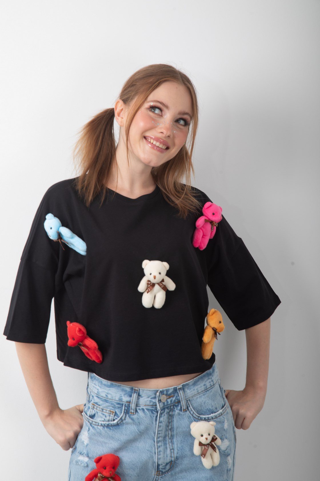 Oyuncak Ayıcık Aksesuarlı Crop Tişört