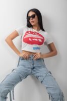 Baskılı Crop Bisiklet Yaka Kısa Kol Body