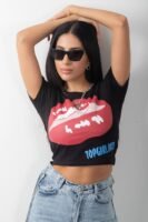 Baskılı Crop Bisiklet Yaka Kısa Kol Body