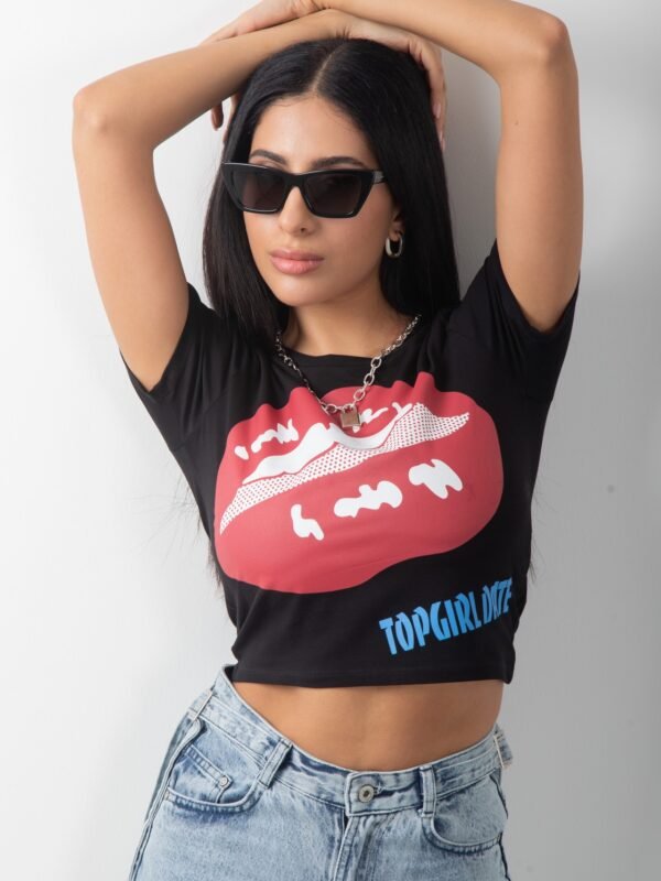 Baskılı Crop Bisiklet Yaka Kısa Kol Body Siyah