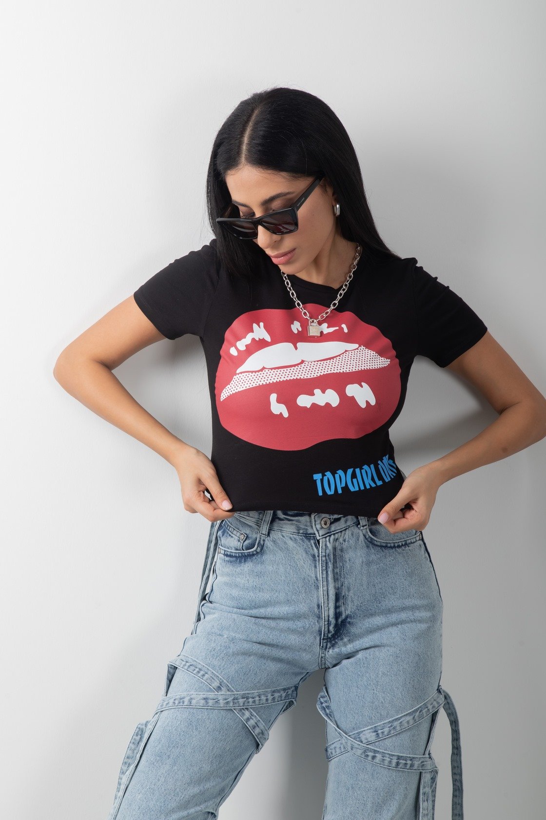 Baskılı Crop Bisiklet Yaka Kısa Kol Body