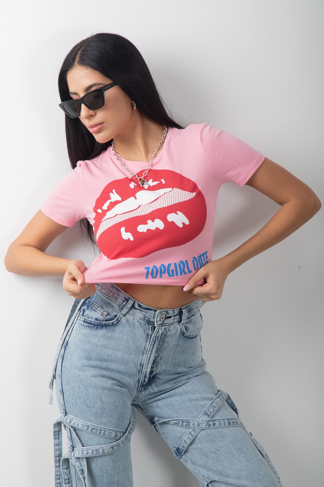 Baskılı Crop Bisiklet Yaka Kısa Kol Body