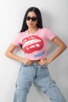 Baskılı Crop Bisiklet Yaka Kısa Kol Body