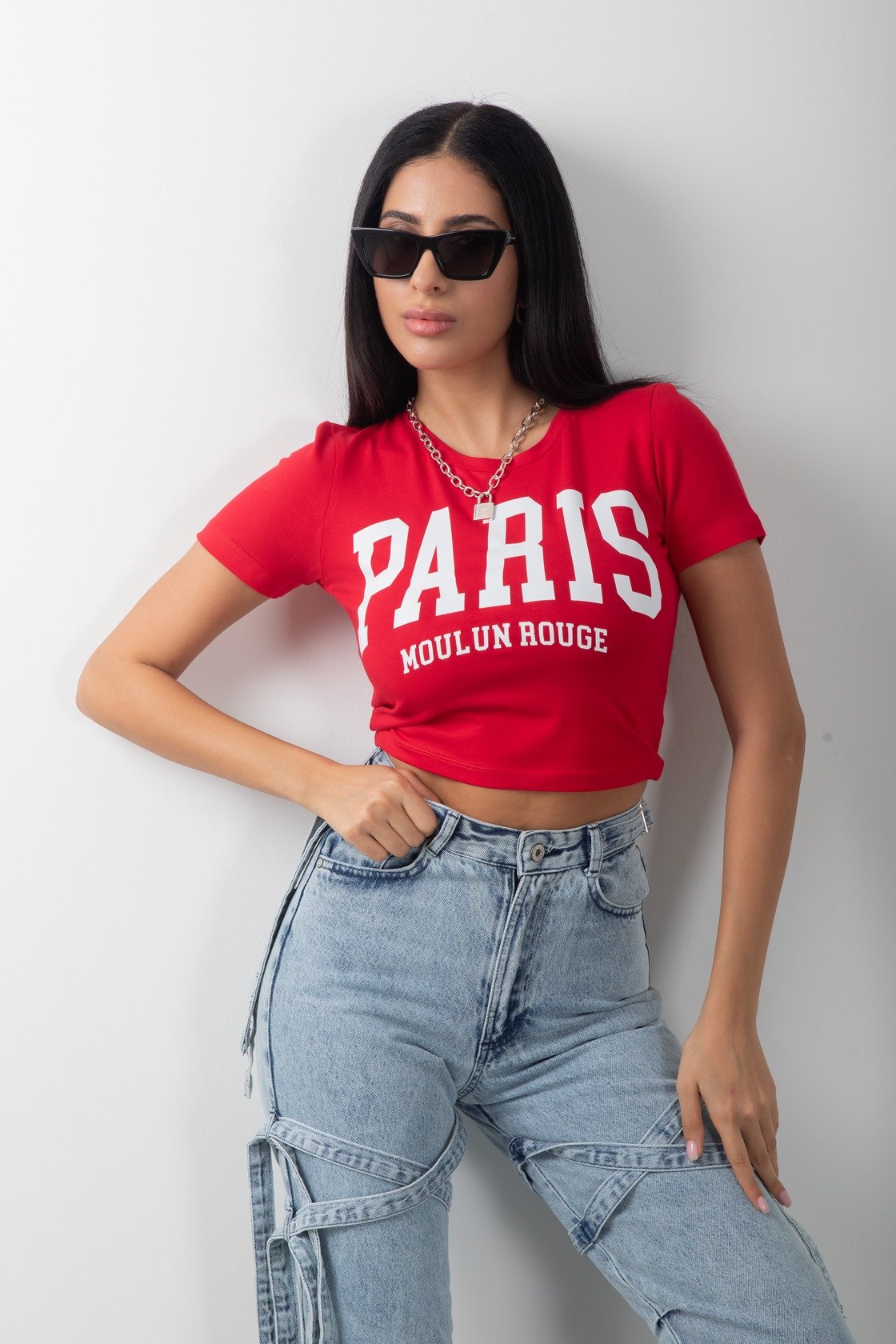 Paris Baskılı Kırmızı Crop Kısa Kol Body