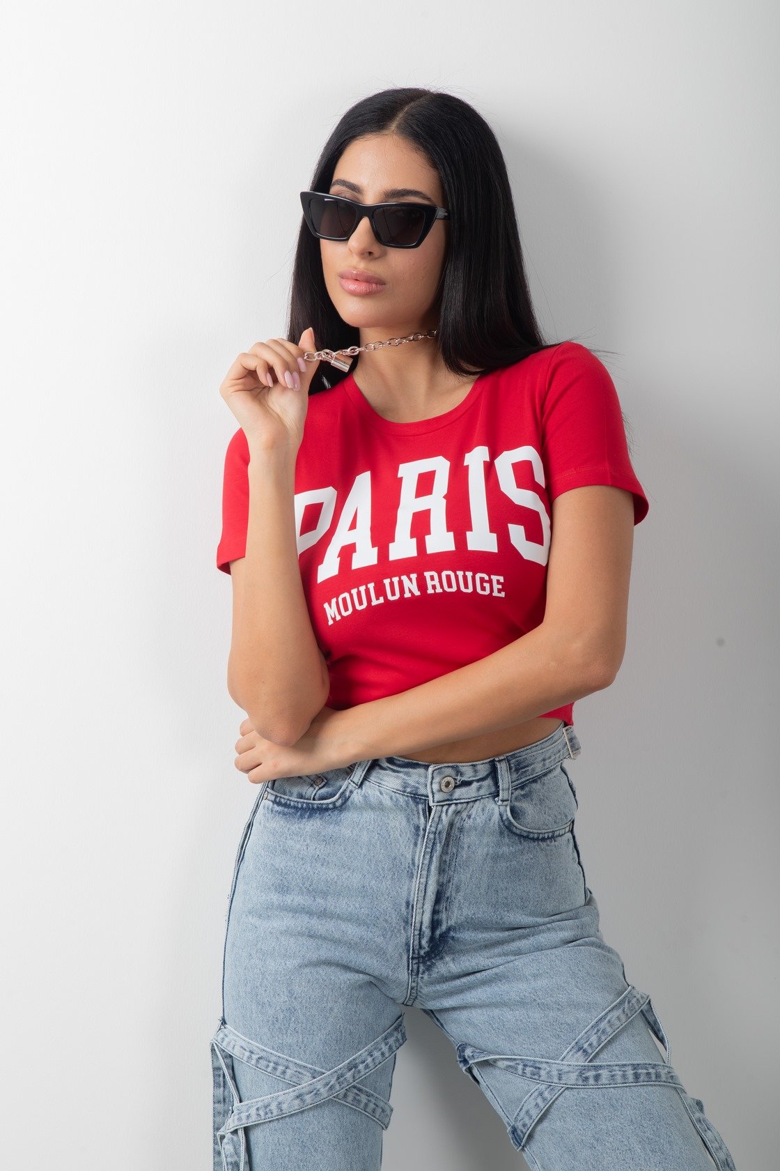 Paris Baskılı Kırmızı Crop Kısa Kol Body