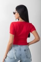 Paris Baskılı Kırmızı Crop Kısa Kol Body