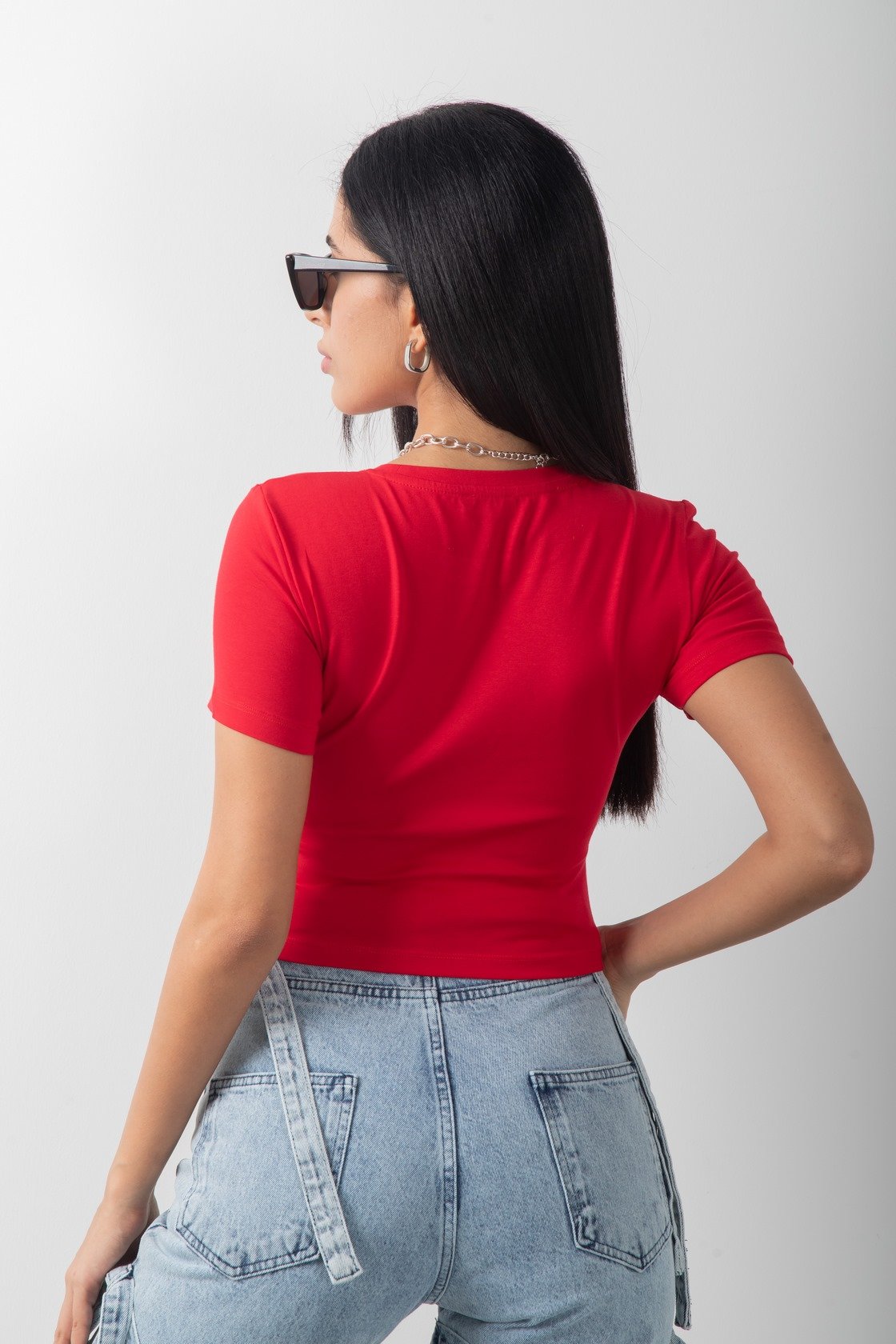 Paris Baskılı Kırmızı Crop Kısa Kol Body