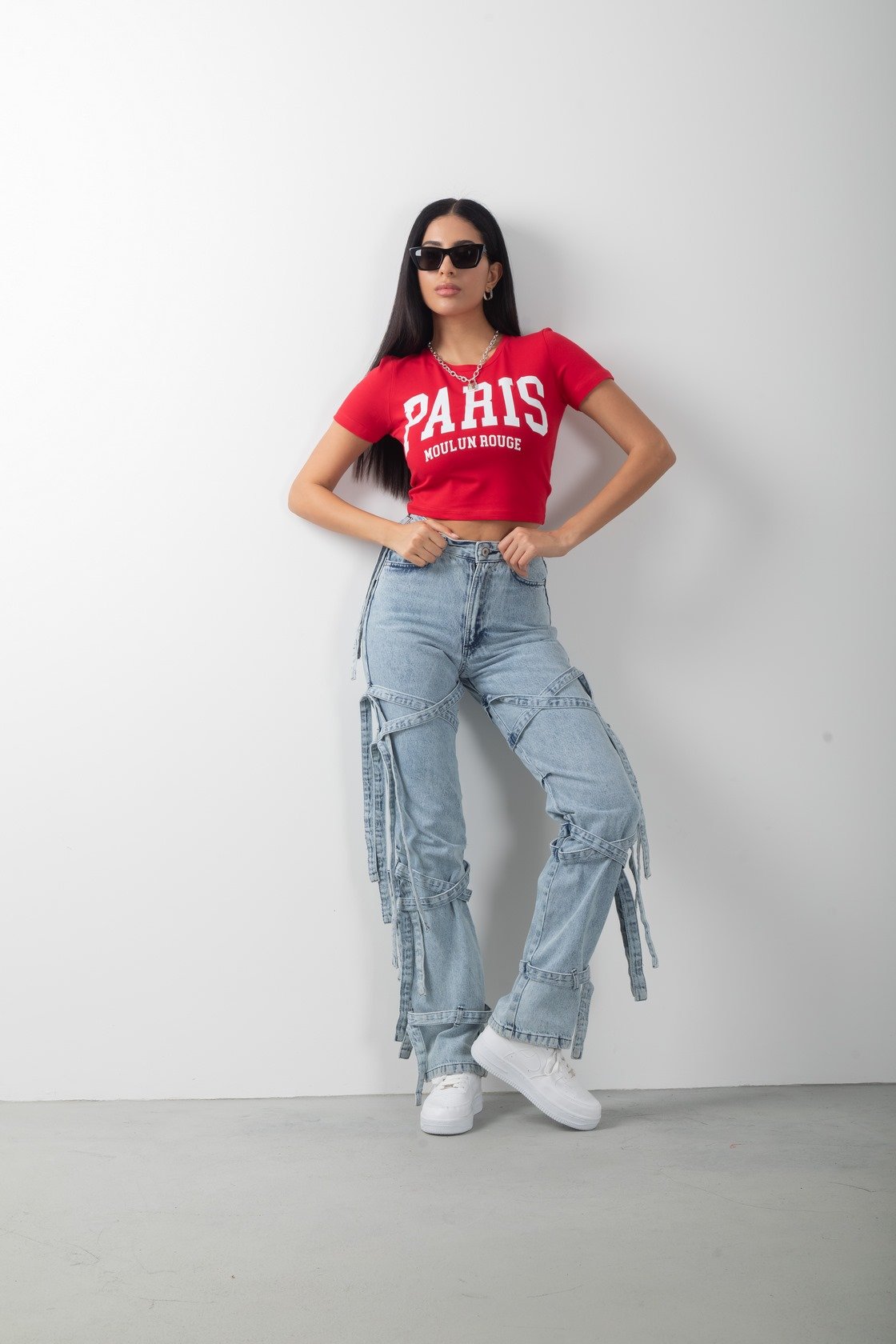 Paris Baskılı Kırmızı Crop Kısa Kol Body