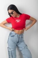 Beverly Hills Baskılı Kırmızı Crop Kısa Kol Body