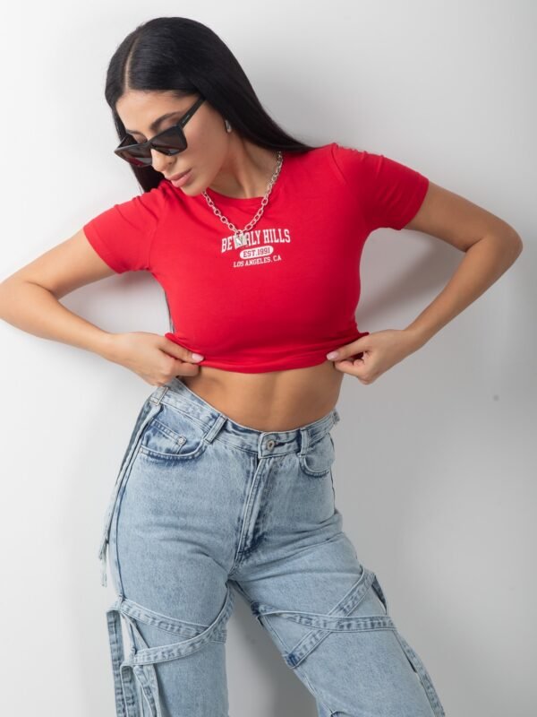 Beverly Hills Baskılı Kırmızı Crop Kısa Kol Body