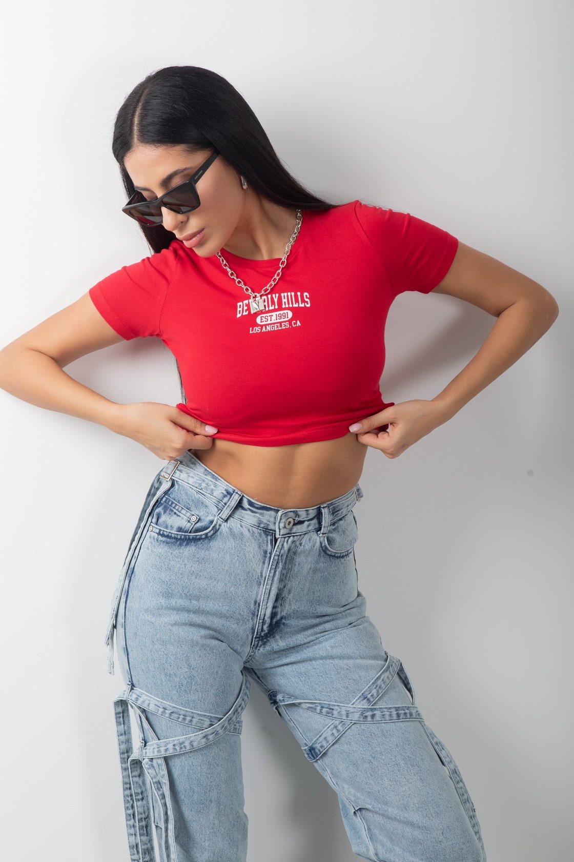 Beverly Hills Baskılı Kırmızı Crop Kısa Kol Body