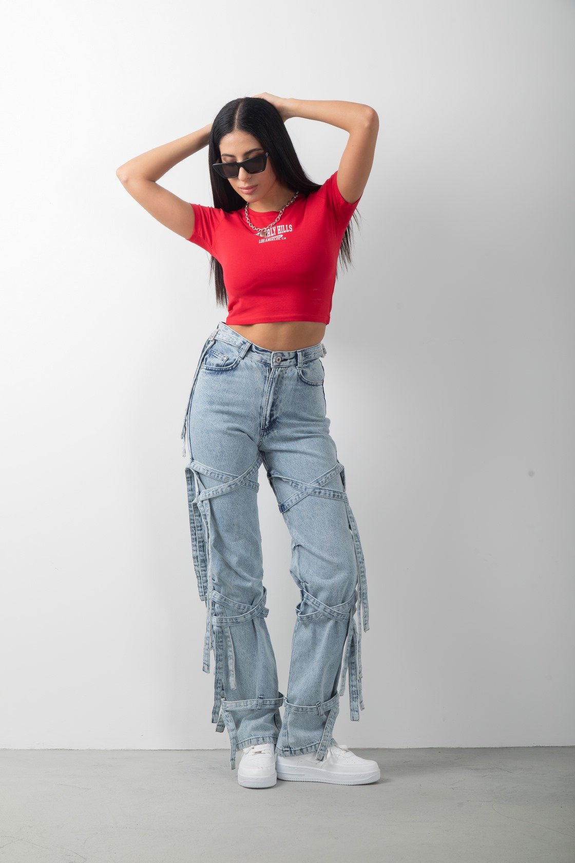 Beverly Hills Baskılı Kırmızı Crop Kısa Kol Body