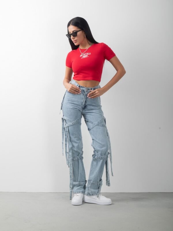 Beverly Hills Baskılı Kırmızı Crop Kısa Kol Body