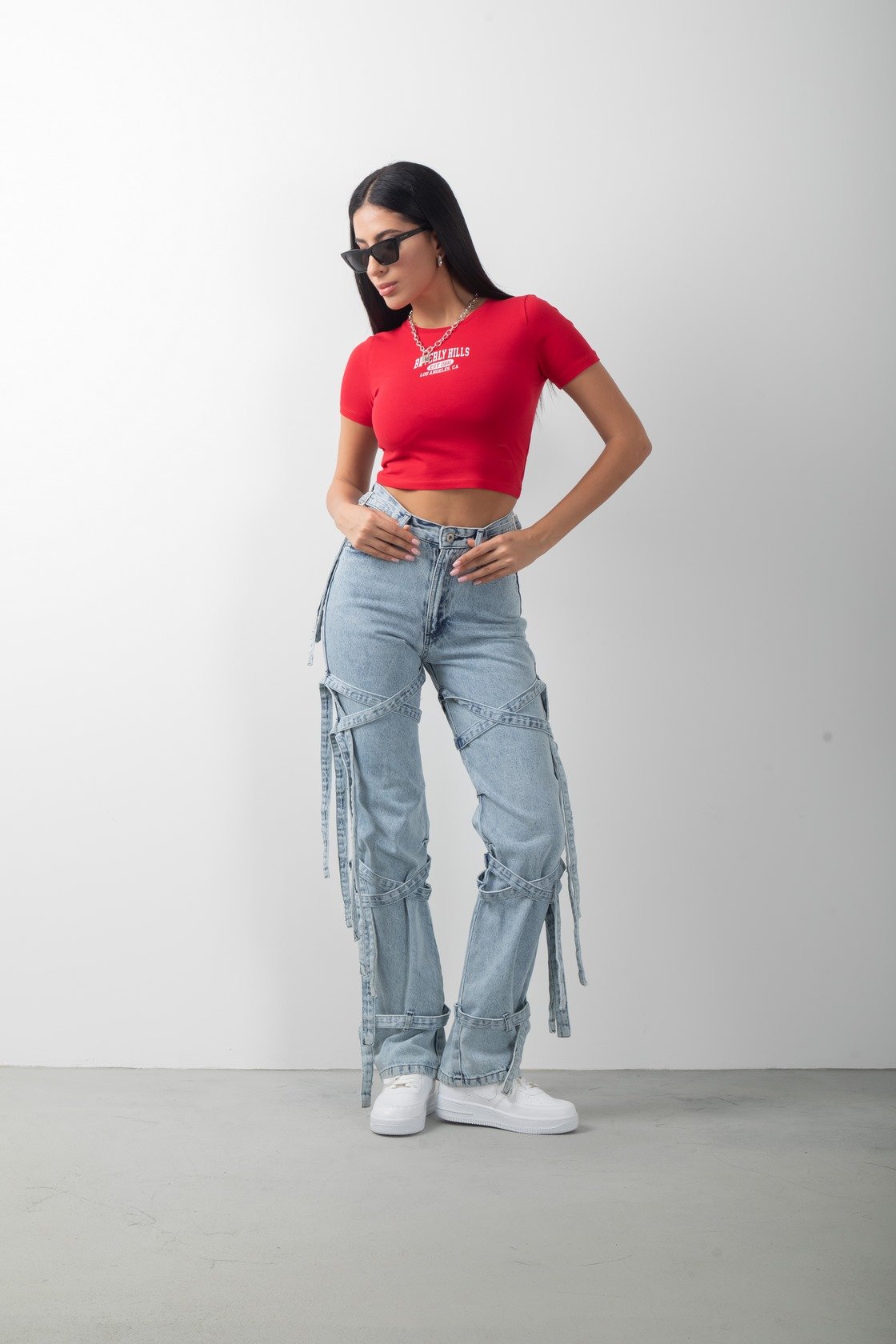 Beverly Hills Baskılı Kırmızı Crop Kısa Kol Body