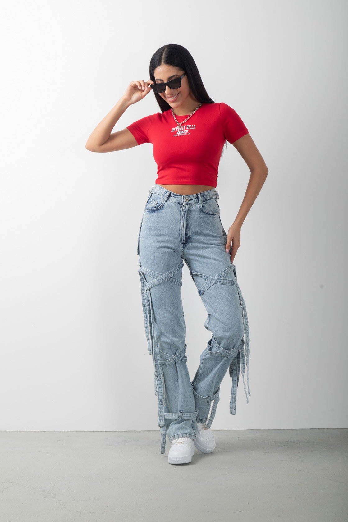 Beverly Hills Baskılı Kırmızı Crop Kısa Kol Body