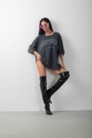 California Taş Detaylı Uzun Yıkamalı Oversize Tişört