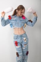 Oyuncak Ayıcık Aksesuarlı Kot Ceket ve Pantolon