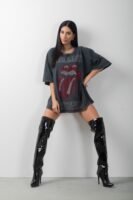 Rolling Stones Taş Detaylı Uzun Yıkamalı Oversize Tişört