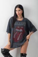 Rolling Stones Taş Detaylı Uzun Yıkamalı Oversize Tişört