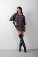 Rolling Stones Taş Detaylı Uzun Yıkamalı Oversize Tişört