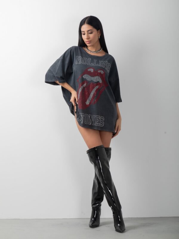 Rolling Stones Taş Detaylı Uzun Yıkamalı Oversize Tişört