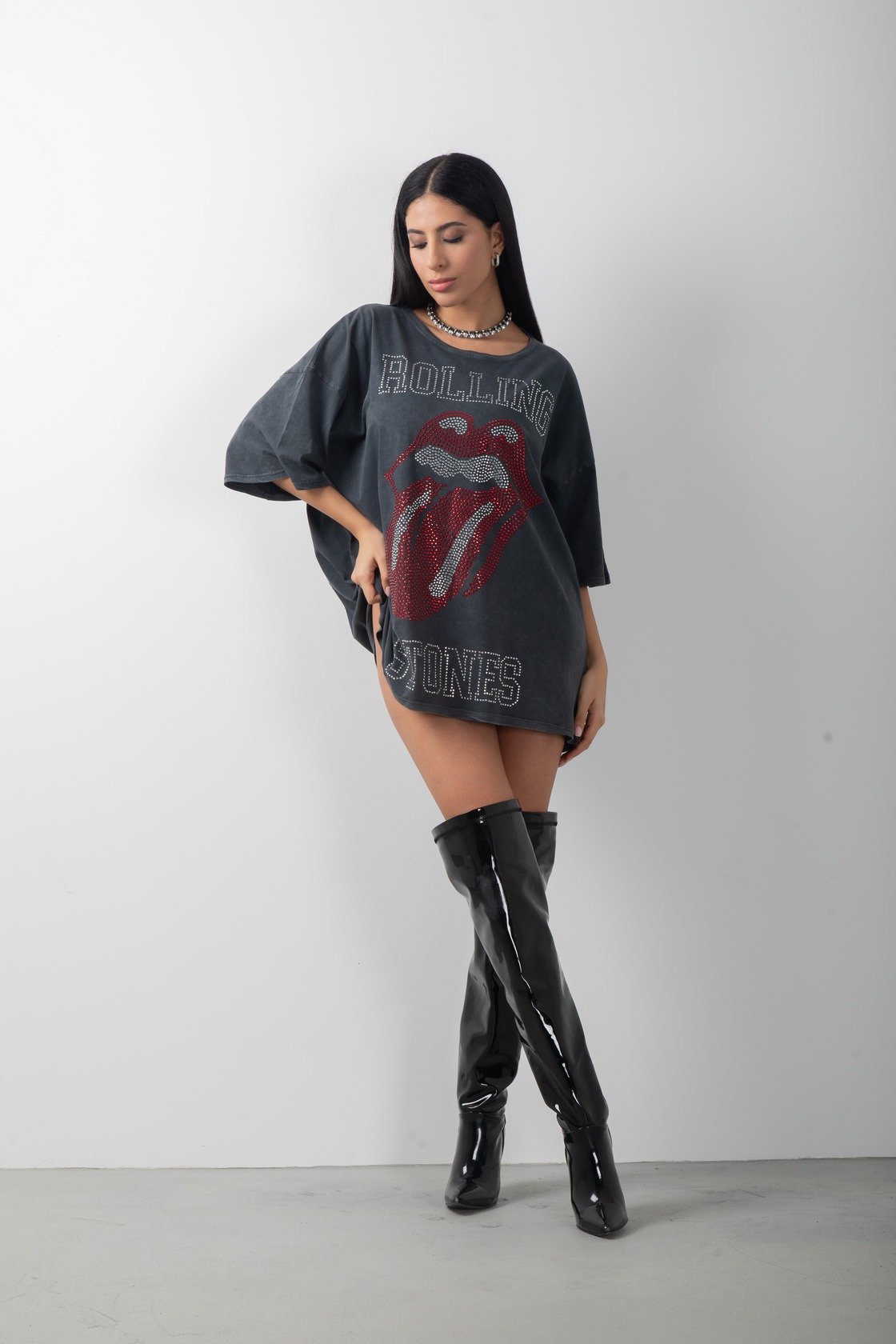 Rolling Stones Taş Detaylı Uzun Yıkamalı Oversize Tişört