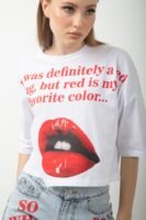 Dudak Baskılı Oversize Crop Tişört