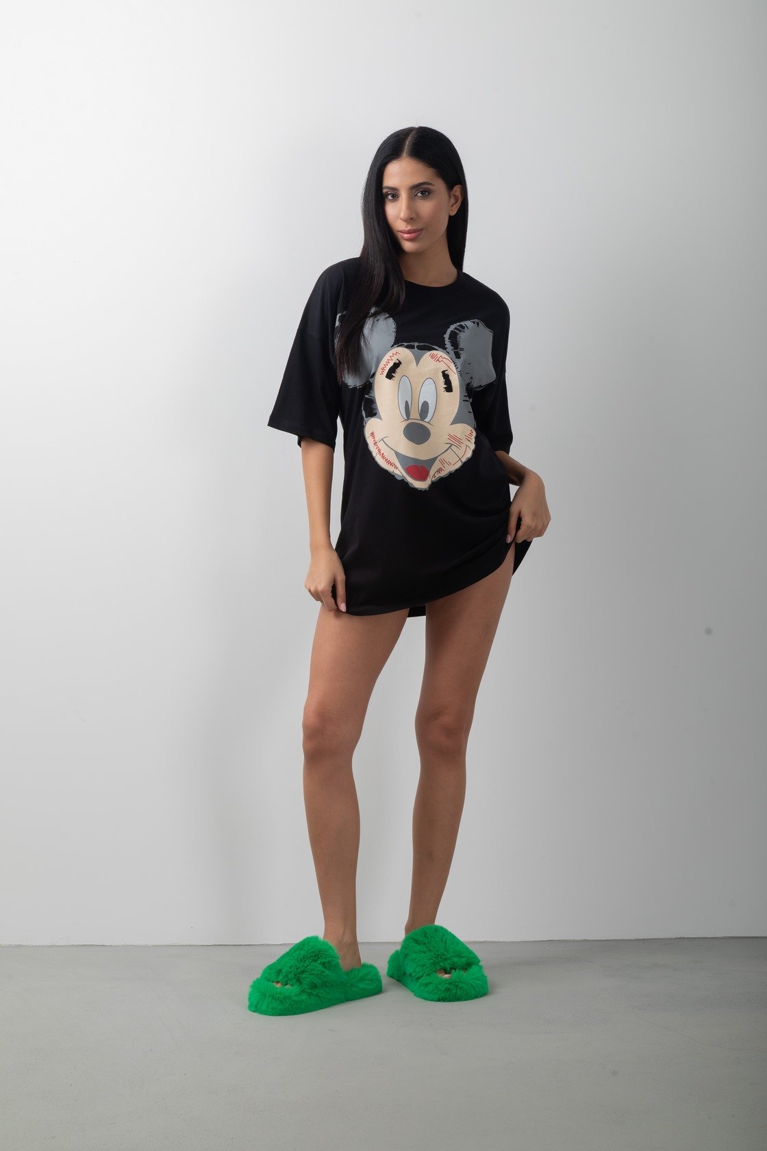 Mouse Baskılı Oversize Uzun Tişört