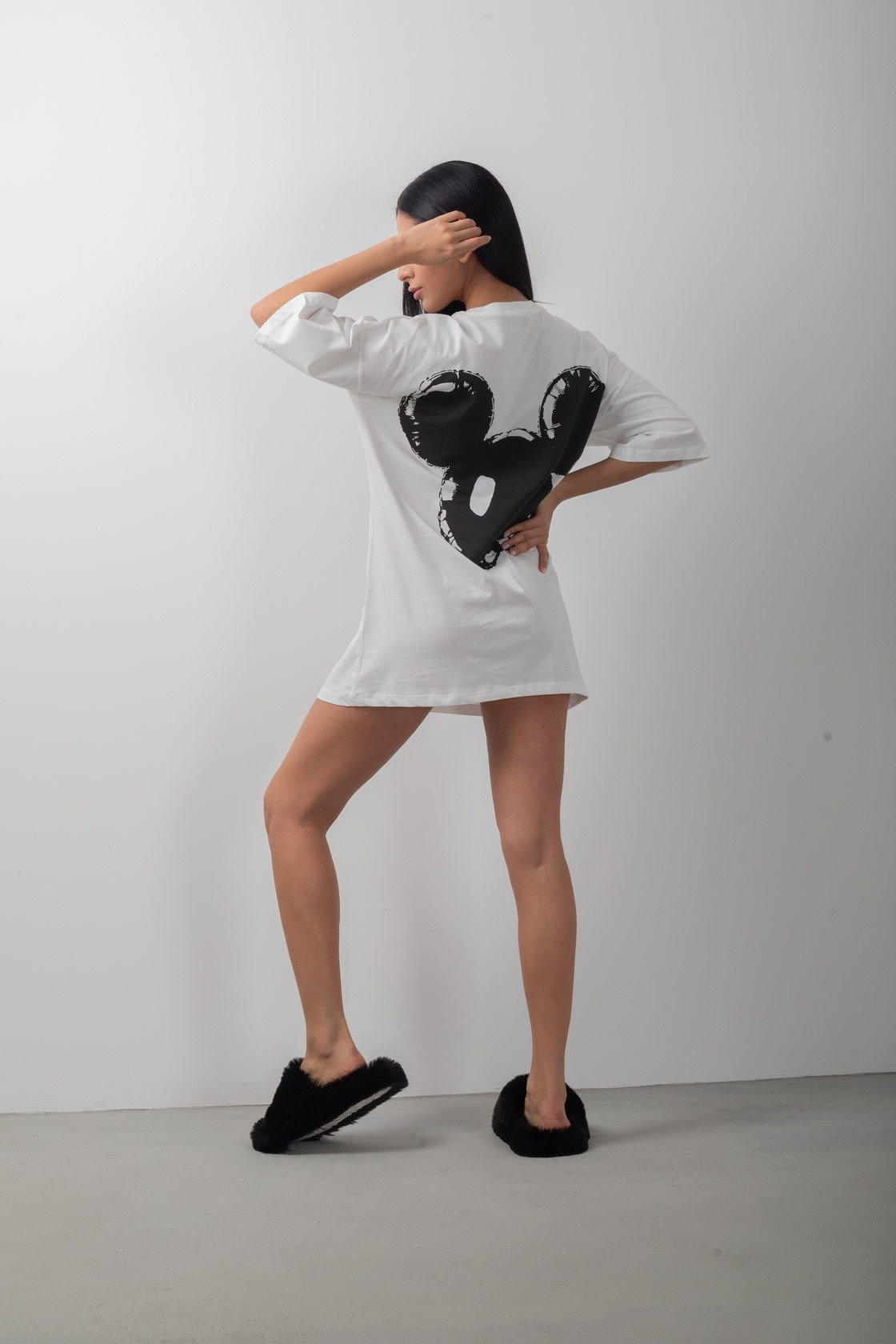 Mouse Baskılı Oversize Uzun Tişört