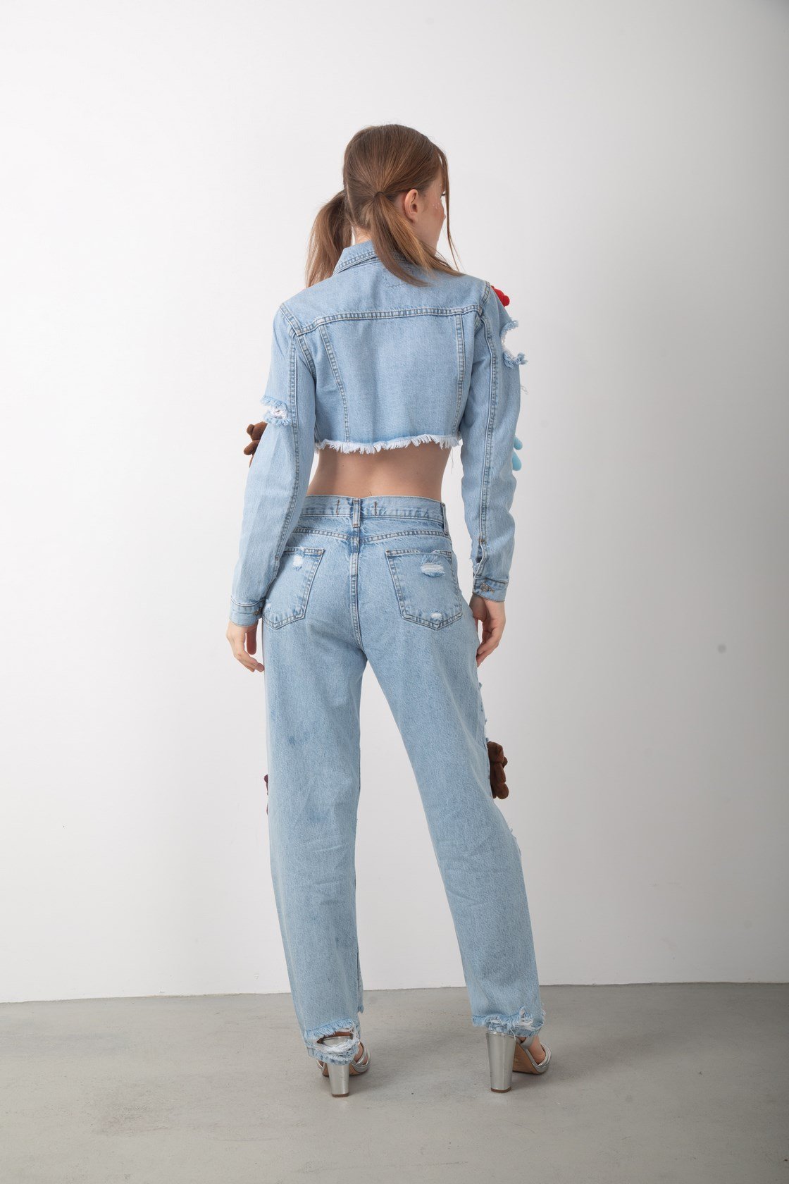 Oyuncak Ayıcık Aksesuarlı Kot Ceket ve Pantolon