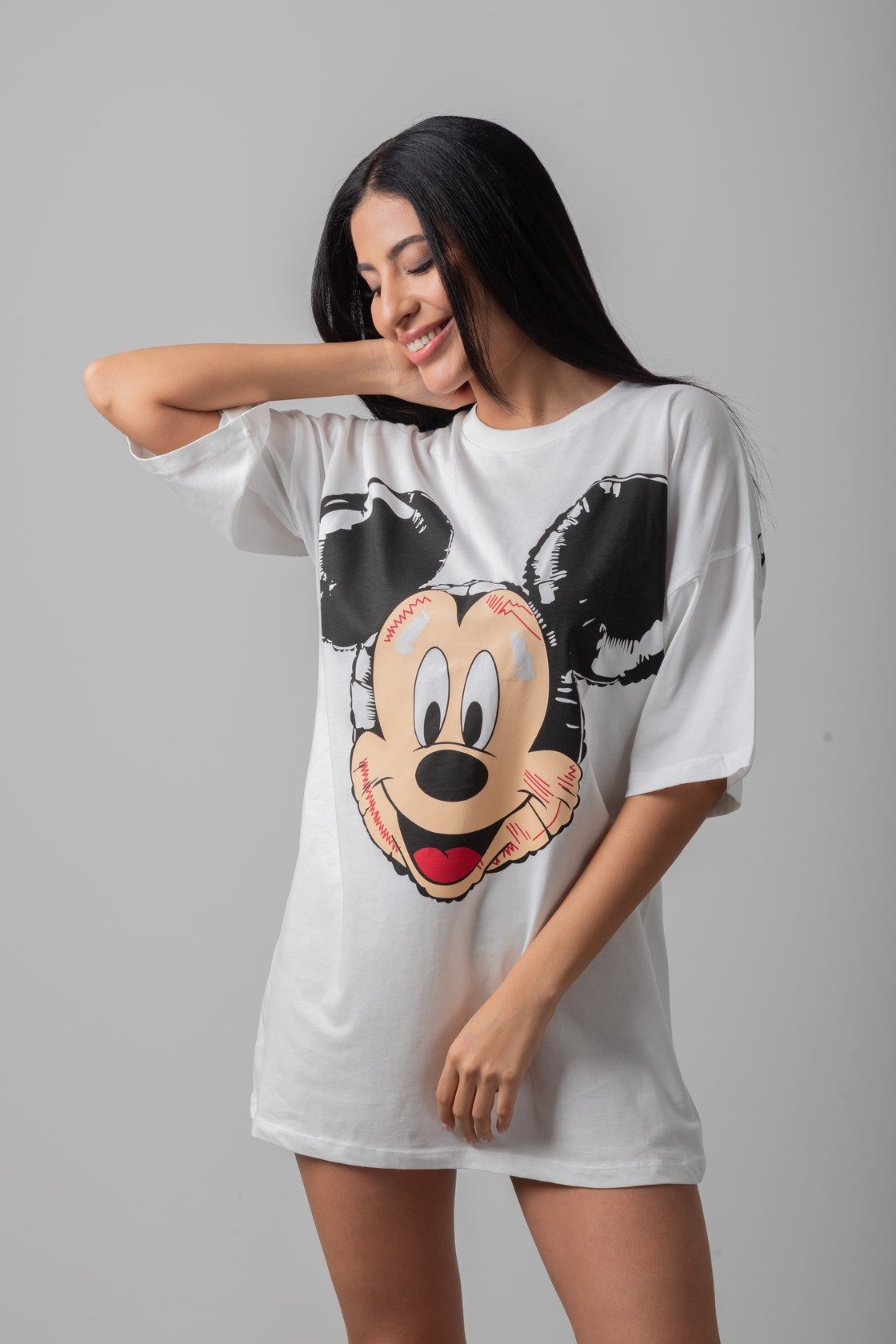 Mouse Baskılı Oversize Uzun Tişört