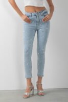 Beyaz Taş Detaylı Skinny Denim Mavi Kot Pantolon